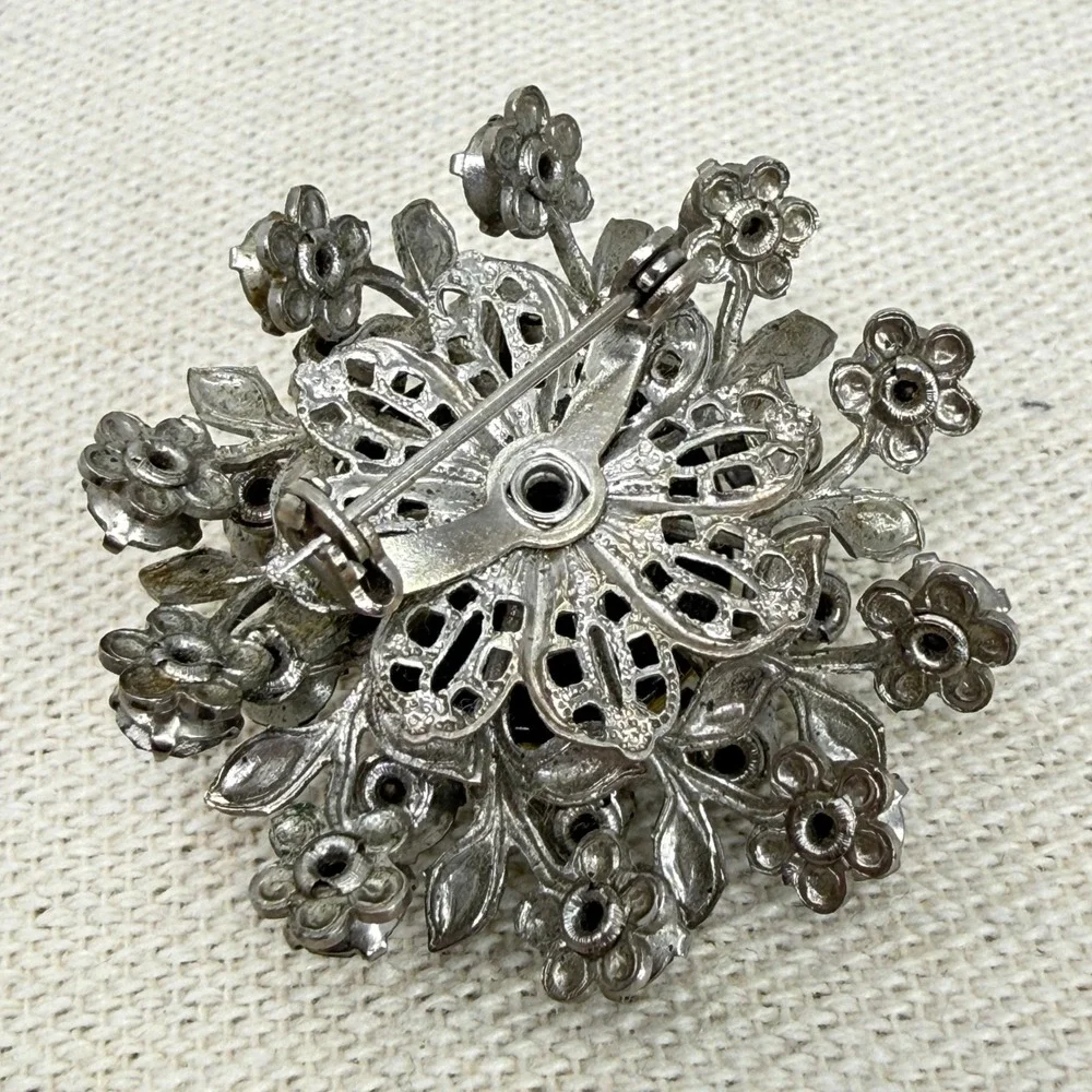 Vintage‎ Floral Brooch Marbled Cabochon Smoky Rhinestone Statement Silver Tone